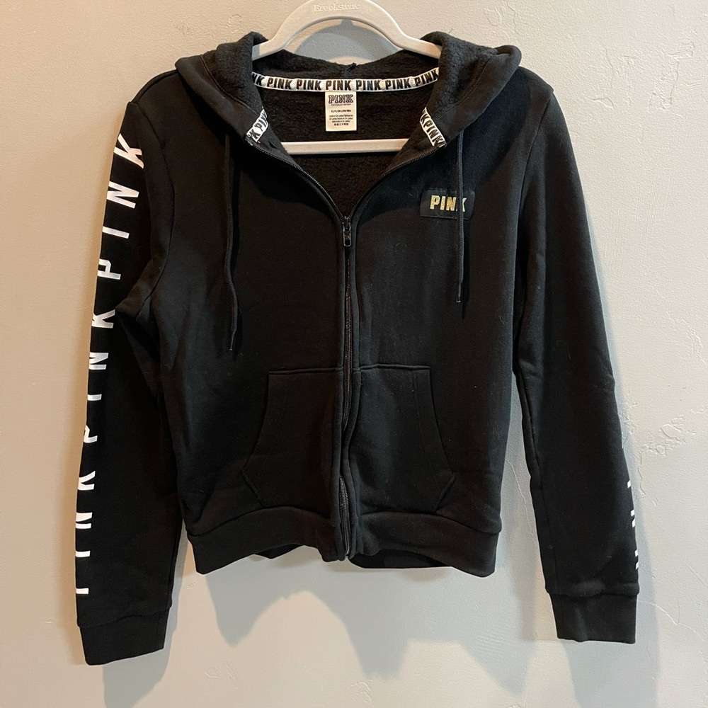 Women’s PINK black zip up hoodie by Victoria Secret